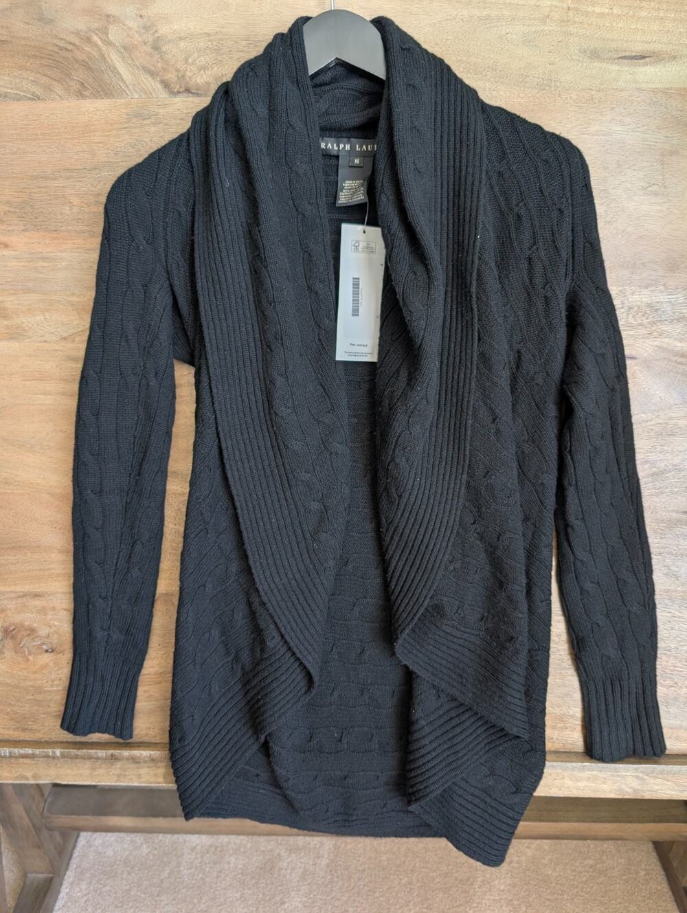 USED Lauren Ralph Lauren Cardigan Sweater Women's XS Black Cashmere Open Front